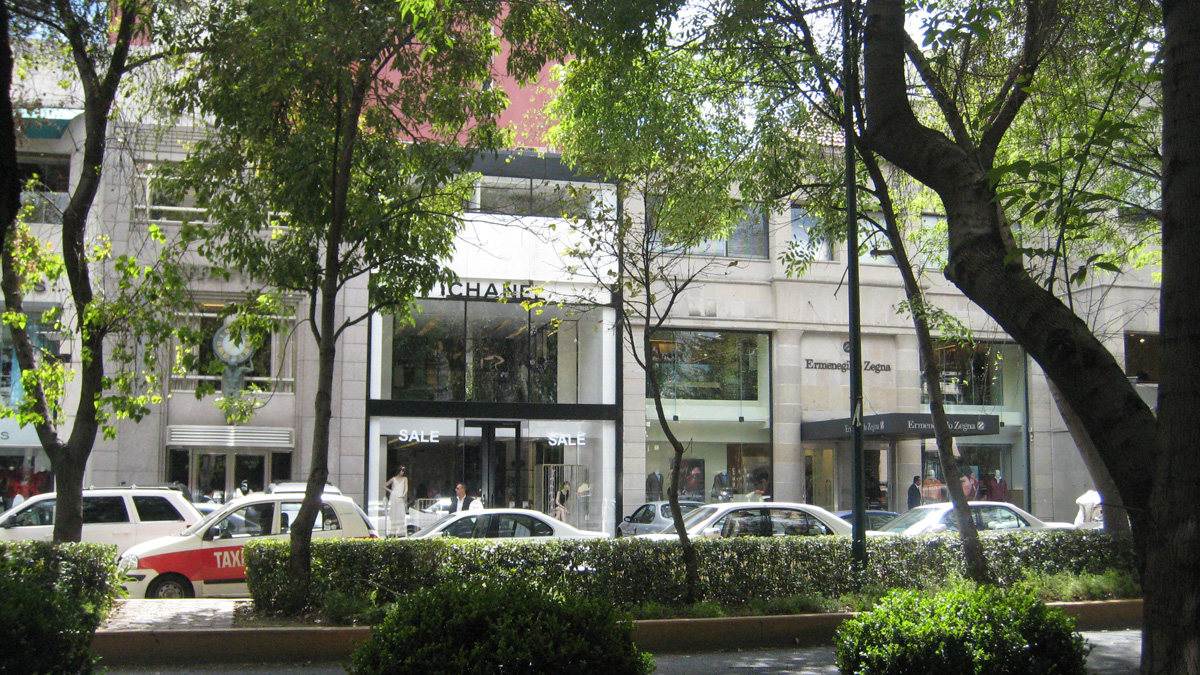 Polanco neighborhood street with shops and trees
